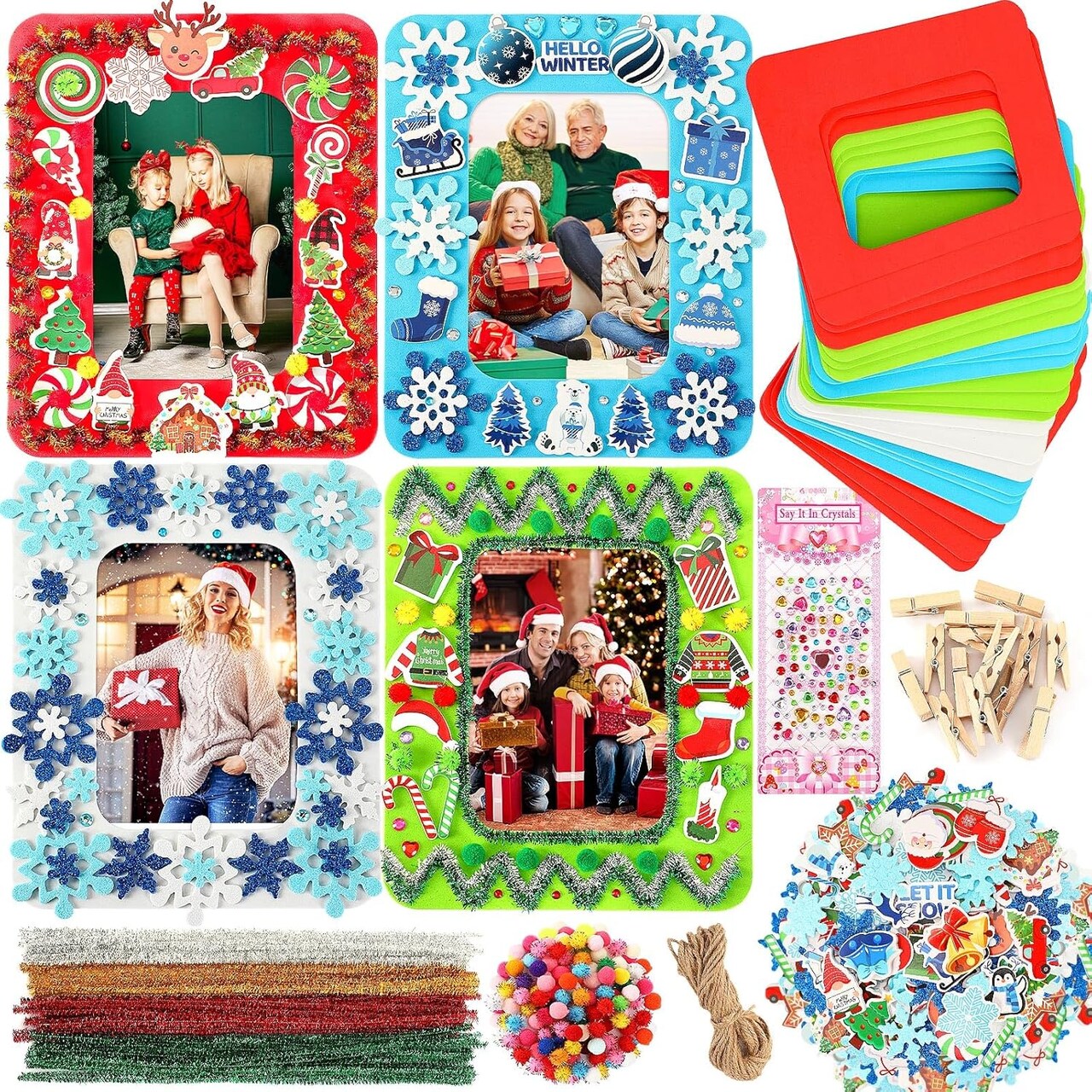 12 Sets Christmas Picture Frame Craft Kit for Kids Foam Photo Frames Self-Adhesive 200 Foam Stickers Picture Frame Crafts for DIY Winter Christmas Party Xmas Tree Ornaments